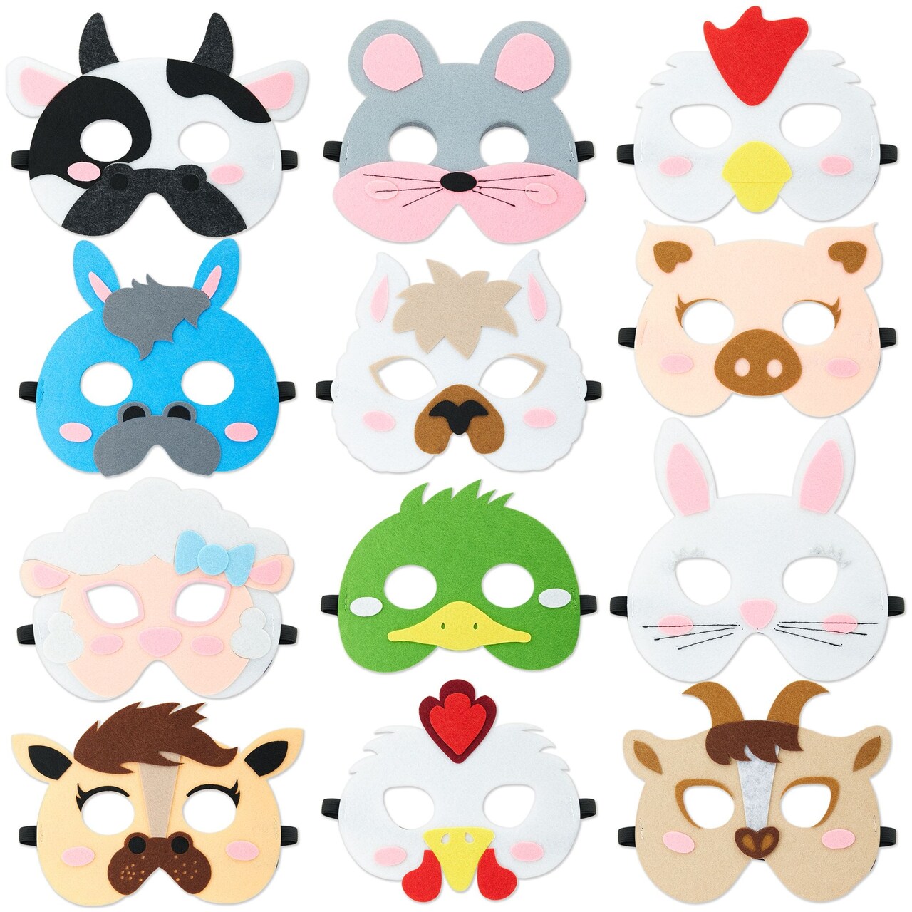 BLUE PANDA 12 Pack Felt Farm Animal Masks for Kids Ages 3-14 – Jungle Safari Dress Up Masks for Birthday Parties, Classroom Rewards, Halloween Costumes, and Pretend Play (7x7.2 In)